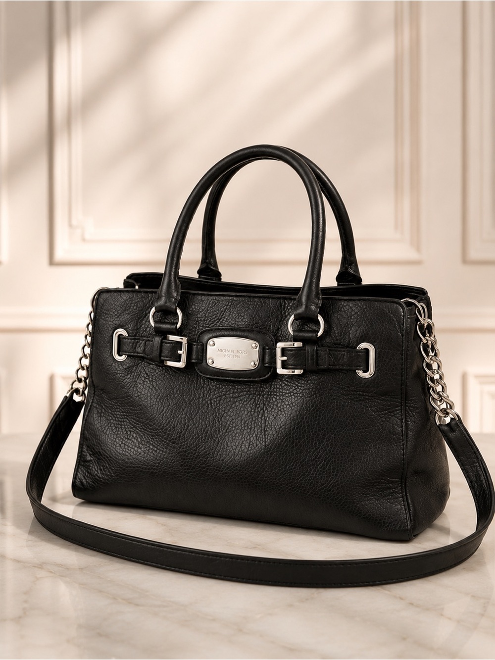 Michael Kors Hamilton Black Pebbled Leather Satchel Crossbody Silver Chain Strap